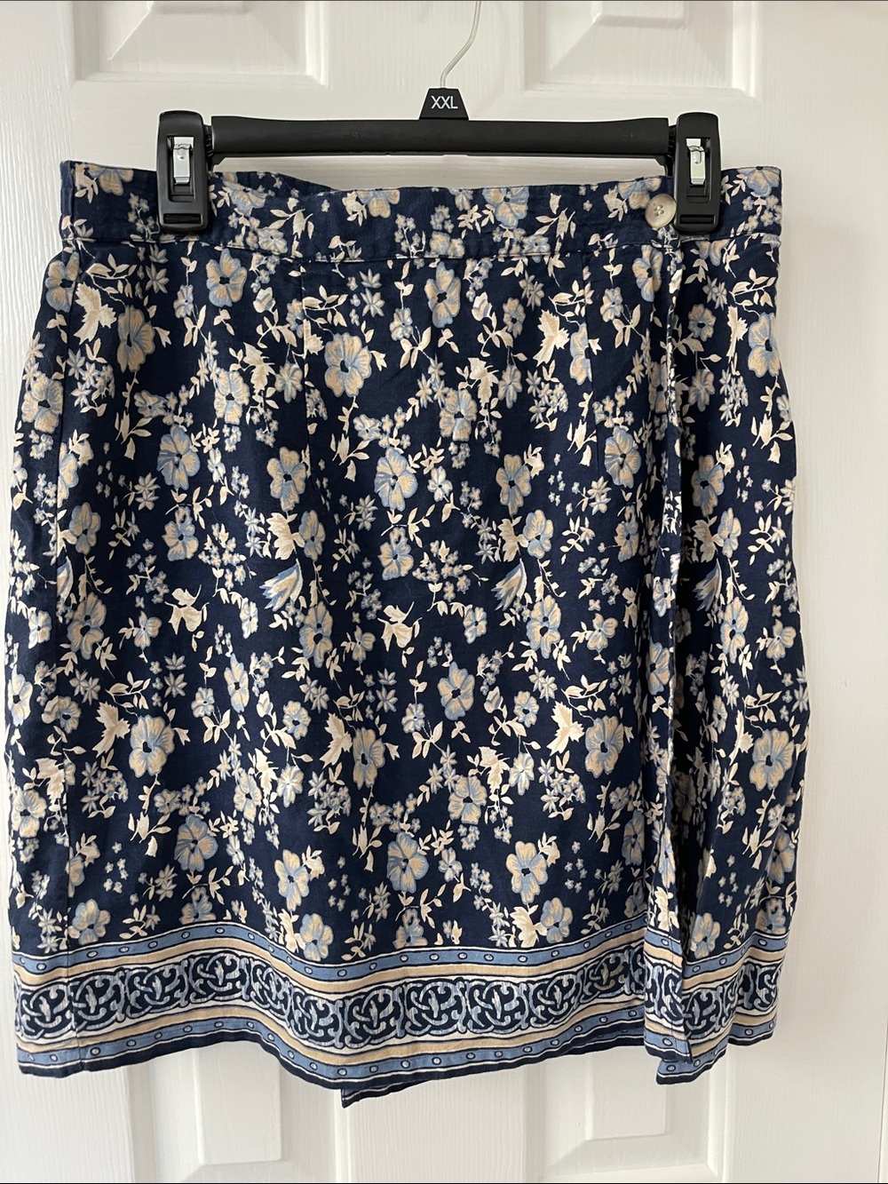 Navy Floral Wrap Skirt with Border Hem